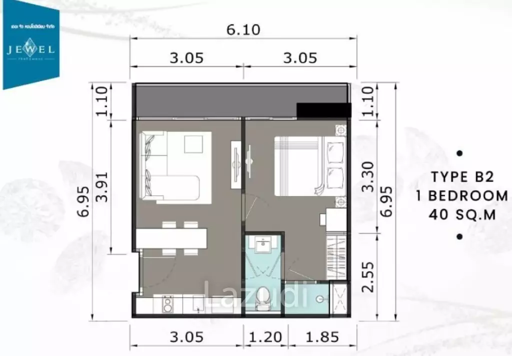 1 Bed 1 Bath 40 SQ.M The Jewel Condominium