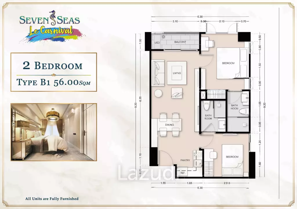 2 Bed 2 Bath 56 SQ.M Seven Seas Le Carnival