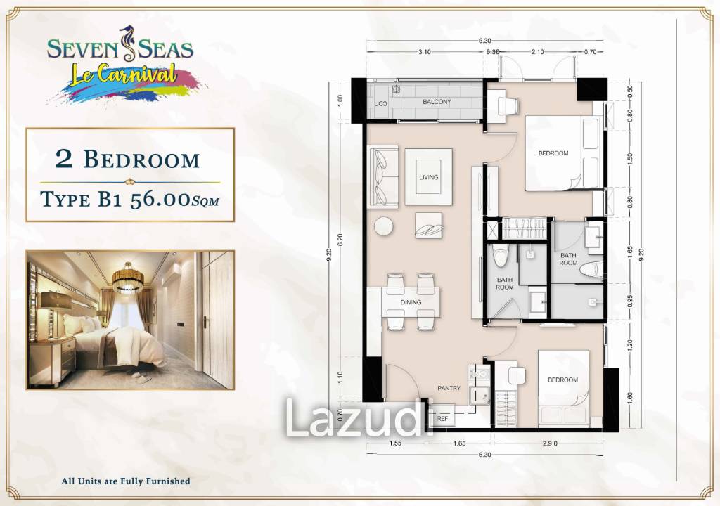 2 Bed 2 Bath 56 SQ.M Seven Seas Le Carnival