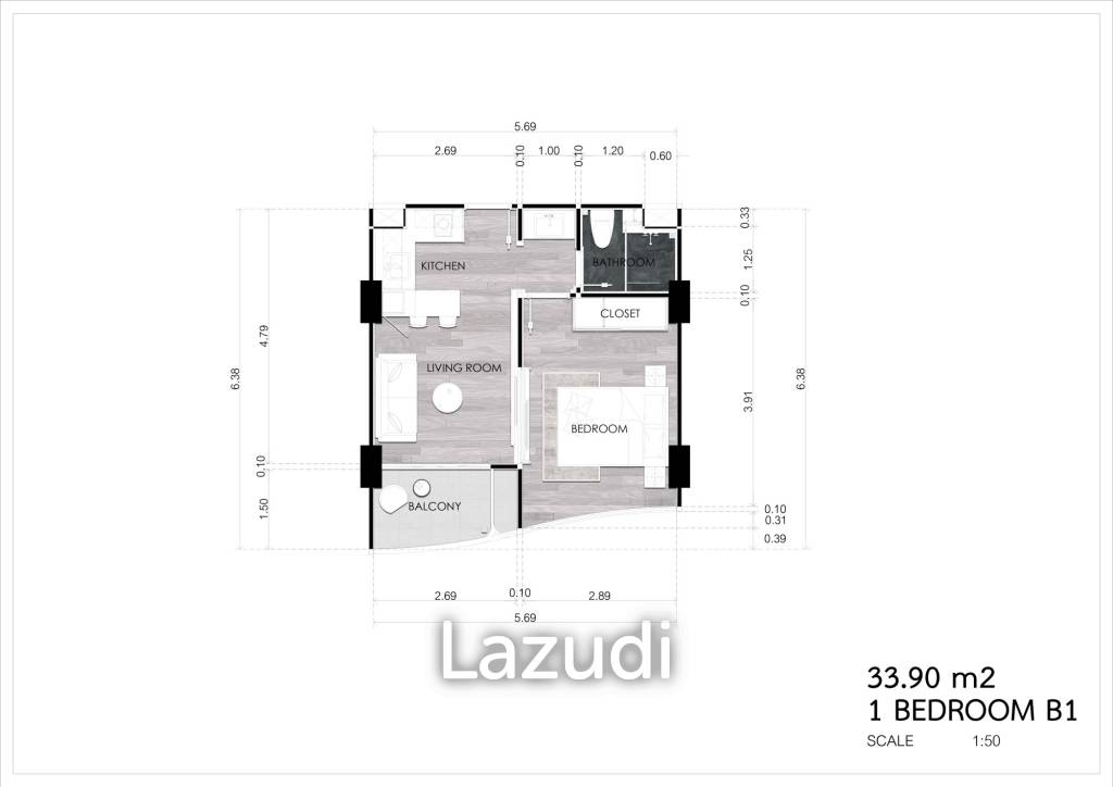1 Bed 1 Bath 33.90 SQ.M Albar Peninsular Condominiums