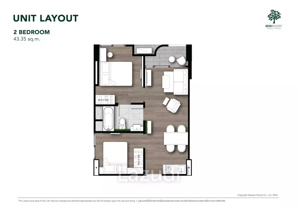 2 Bed 2 Bath 67.41 SQ.M Eco Resort Bang Saray