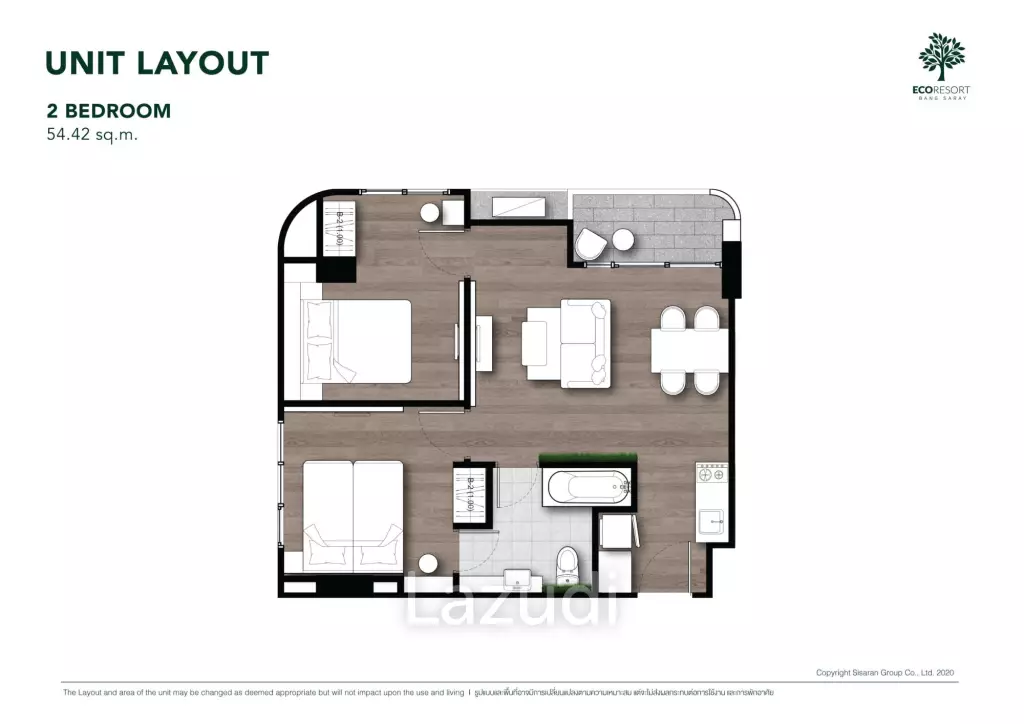 2 Bed 1 Bath 57.08 SQ.M Eco Resort Bang Saray