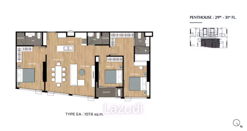 3 Beds 3 Baths 108.41 SQ.M. The Crown Residences