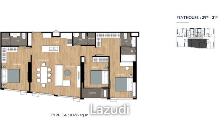 3 Beds 3 Baths 108.41 SQ.M. The Crown Residences