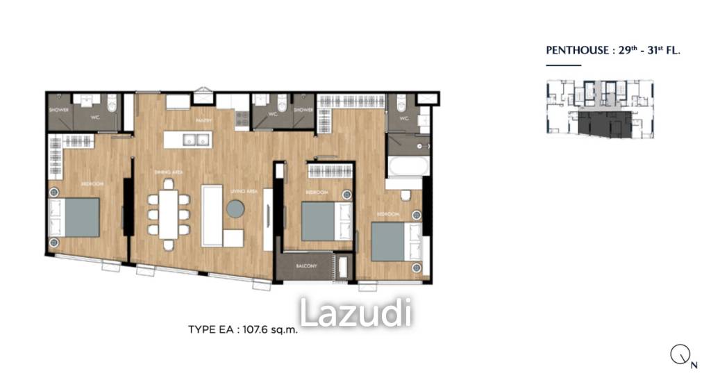 3 Beds 3 Baths 108.41 SQ.M. The Crown Residences