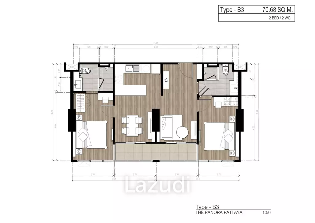 2 Bed 2 Bath 70.69 SQ.M. The Panora Pattaya
