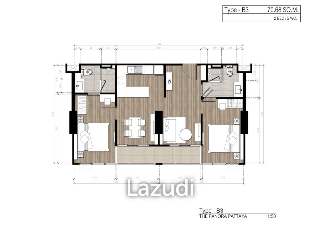 2 Bed 2 Bath 70.69 SQ.M. The Panora Pattaya