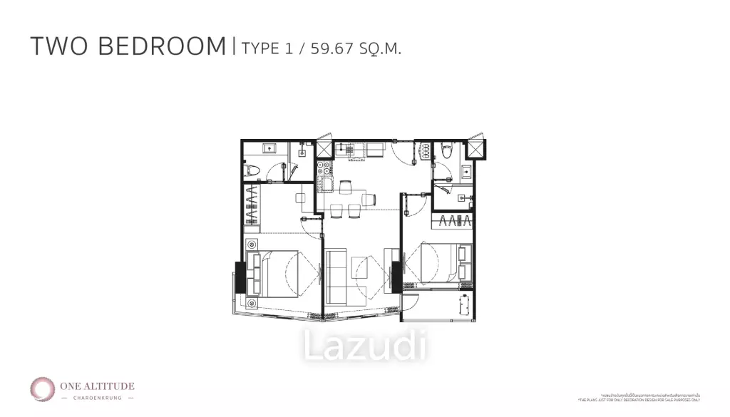 2 Bed 2 BAth  59.67 SQ.M One Altitude Charoenkrung