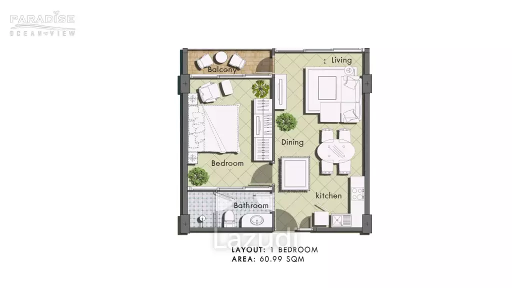 1 Bed 1 Bath 60.99 SQ.M Paradise Ocean View