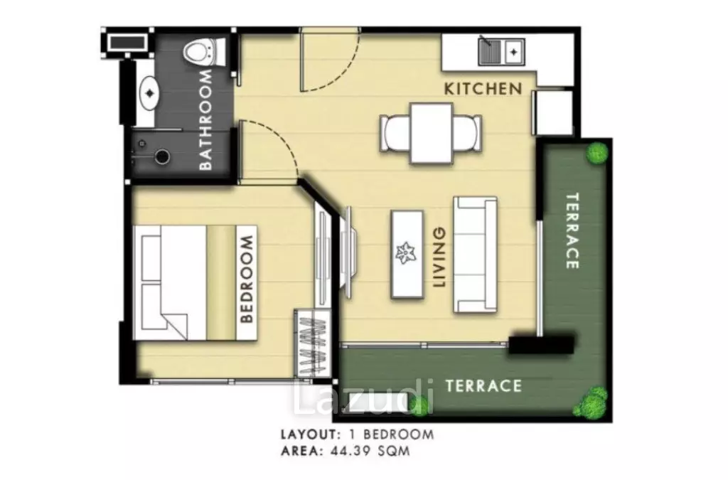 1 Bed 1 Bath 44.81 SQ.M City Garden Tropicana
