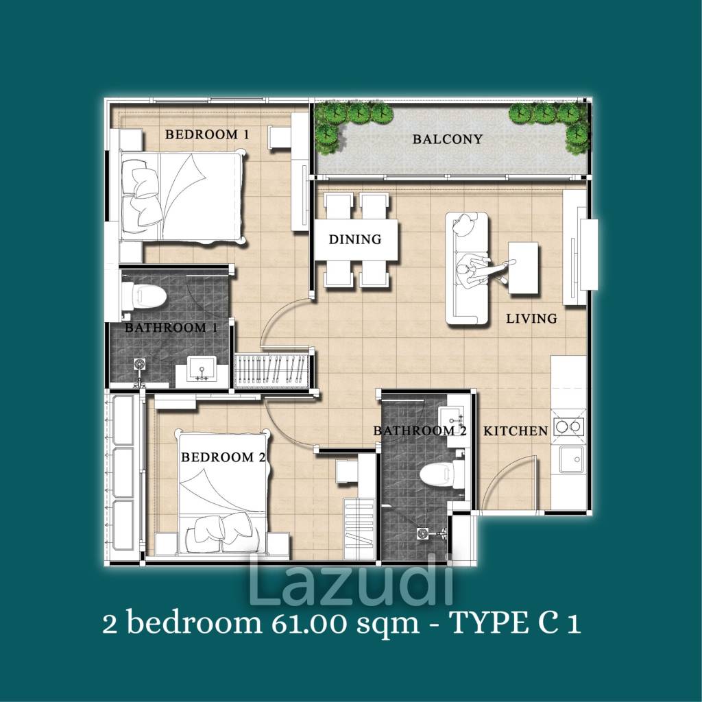 2 Bed 2 Bath 61 SQ.M Dusit Grand Park 2
