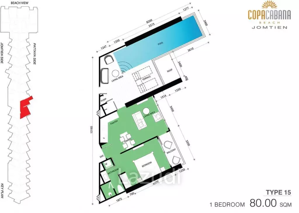1 Bed 1 Bath 80 SQ.M Copacabana Beach Jomtien