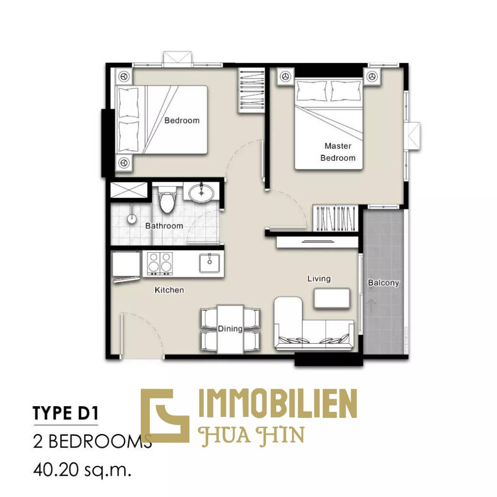 2 Bed 1 Bath 46.40 SQ.M Mira Monte’ Hua Hin 94