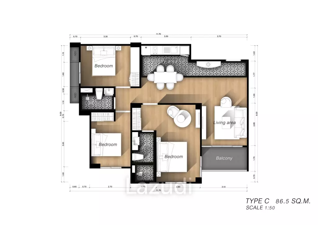 3 Bed 2 Bath 86.27 SQ.M Seven Seas - Cote D'Azur