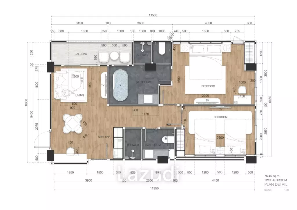 2 Bed 2 Bath 77.86 SQ.M Wyndham Jomtien Pattaya