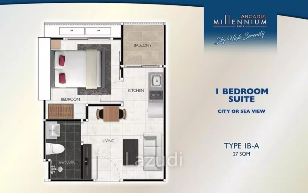 1 Bed 1 Bath 29.09 SQ.M Arcadia Millennium Tower