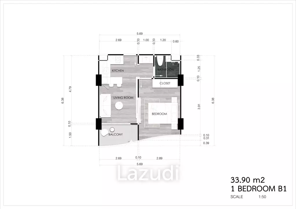 1 Bed 1 Bath 33.90 SQ.M Albar Peninsular Condominiums