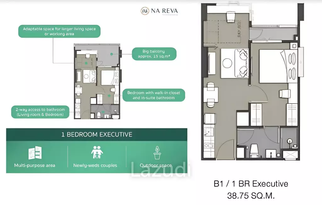 1 Bed 1 Bath 38 SQ.M Na Reva Charoennakhon