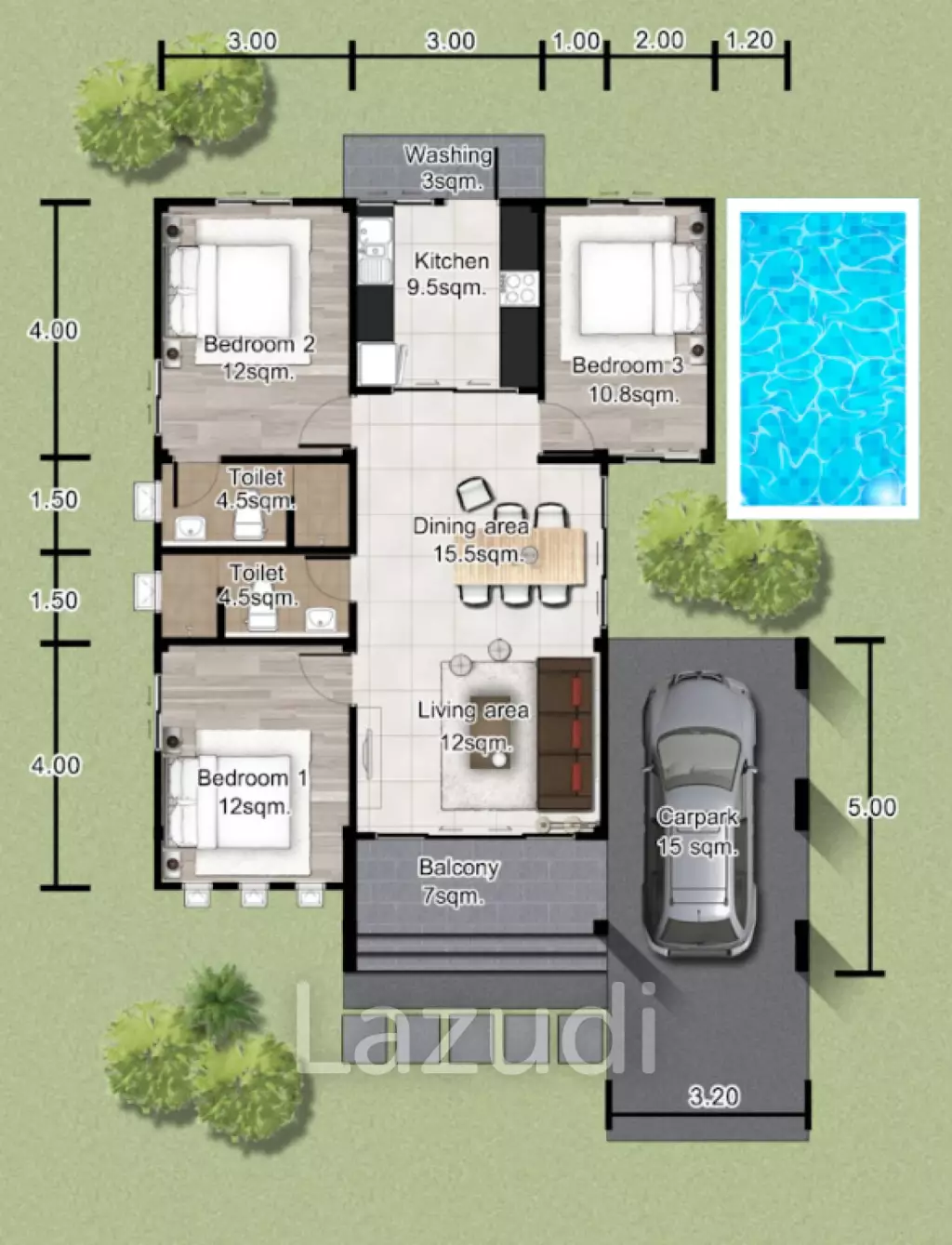 3 Bed 2 Bath 102 SQ.M A.B.C Pool Village
