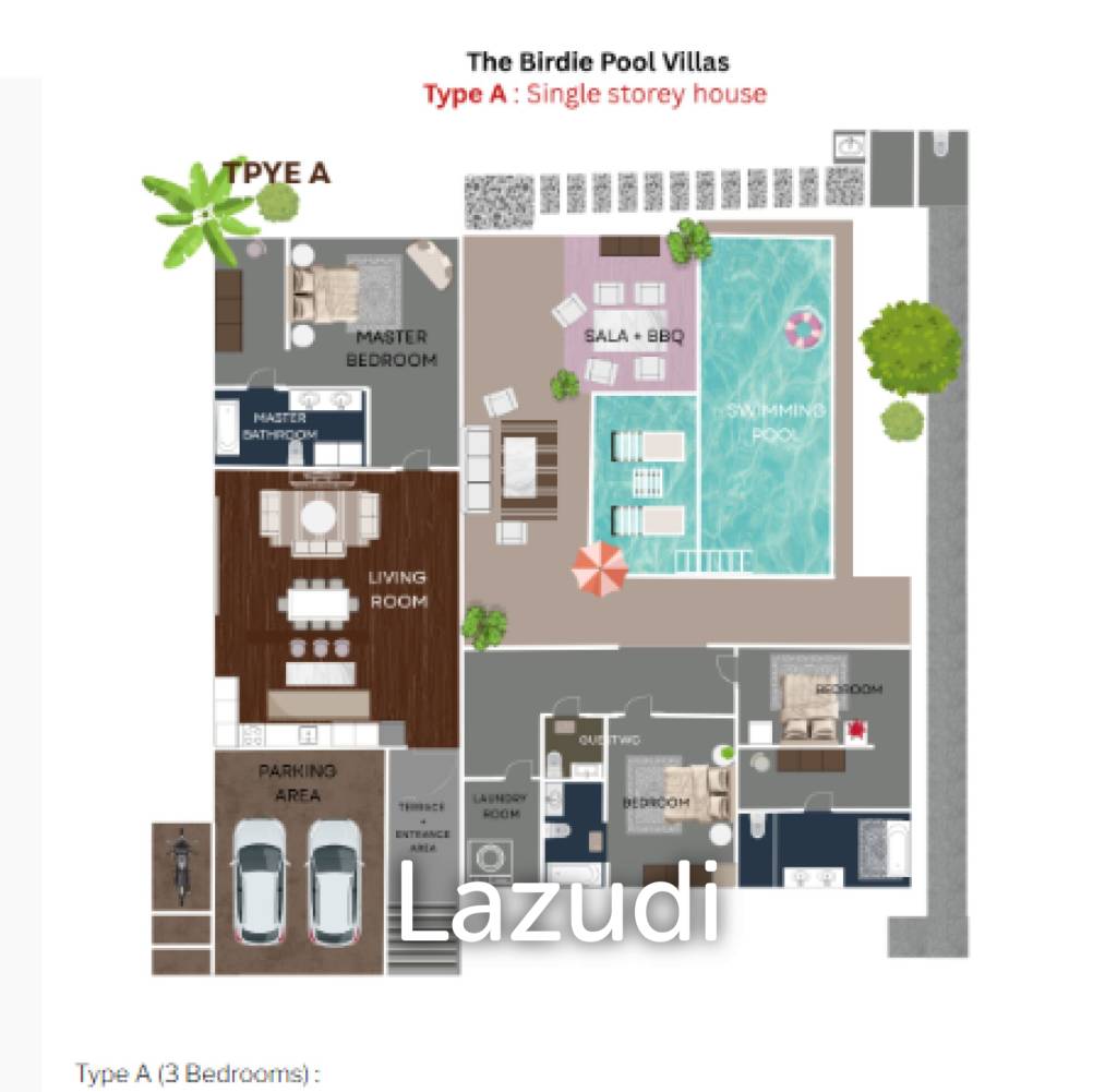 3 Beds 3.5 baths 369 SQ.M The Birdie Pool Villas Type A Single Storey House