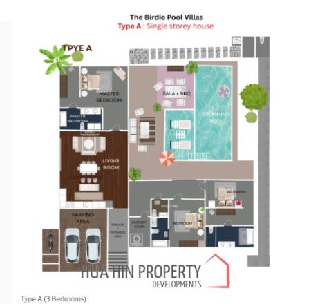 3 Beds 3.5 baths 369 SQ.M The Birdie Pool Villas Type A Single Storey House