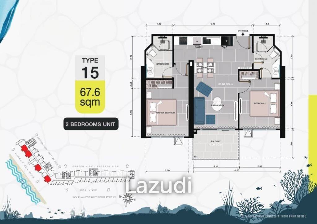 2 Bed 2 Bath 67.6 SQ.M Copacabana Coral Reef Jomtien