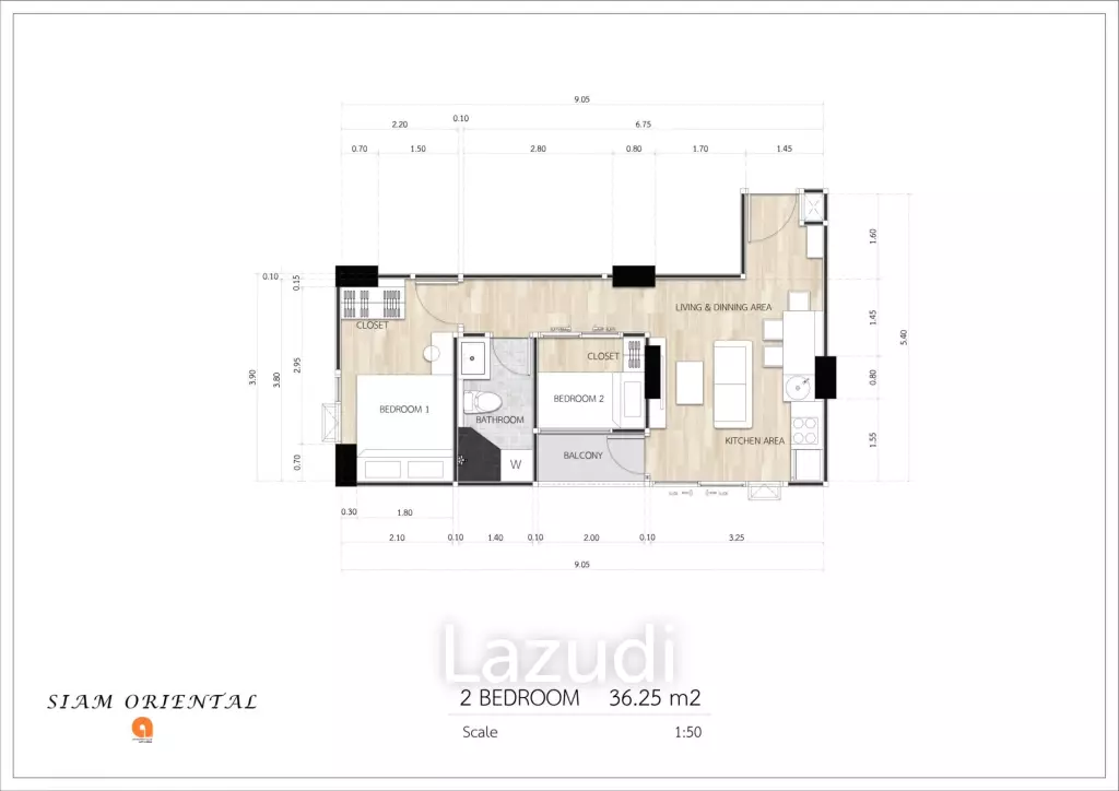 2 Bed 1 Bath 34.20 SQ.M Siam Oriental Dream