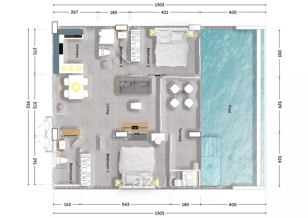 2 Bed 2 Bath 128.58 SQ.M Babylon Sky Garden II