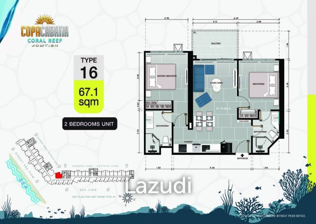 2 Bed 2 Bath 67.10 SQ.M Copacabana Coral Reef Jomtien