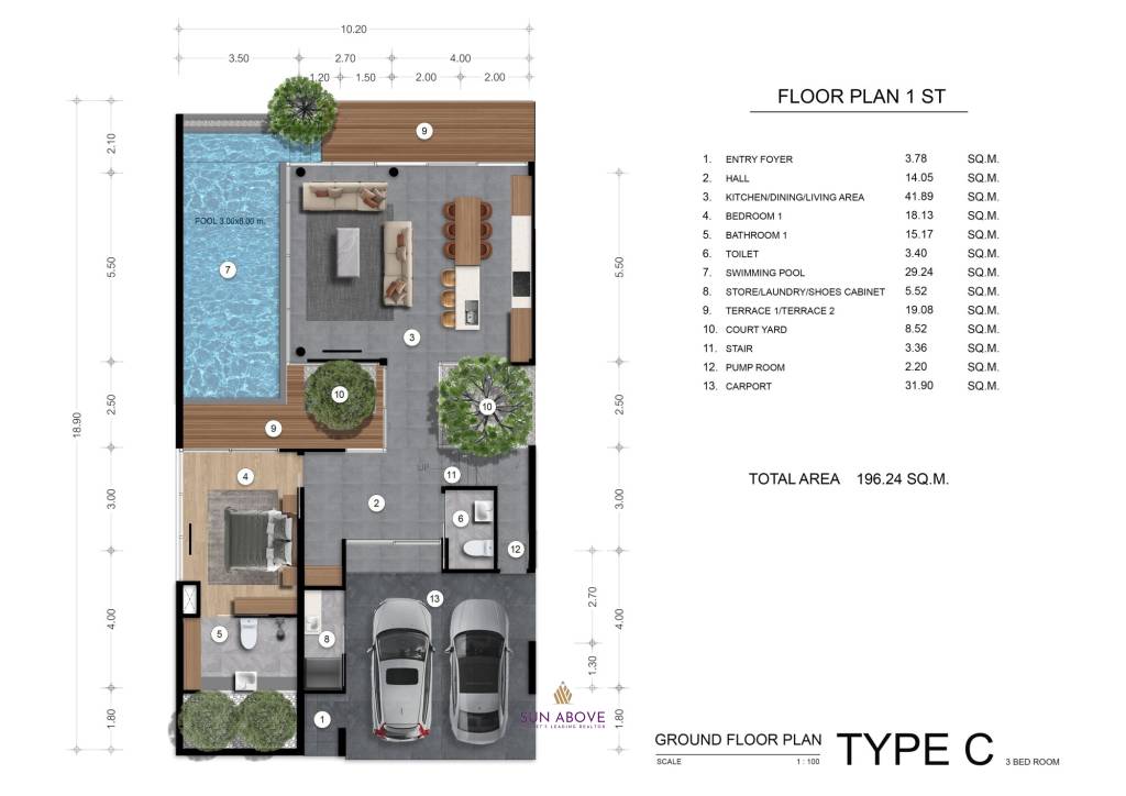 3 Bed 4 Bath 318.59 SQ.M. Rainpalm Villas