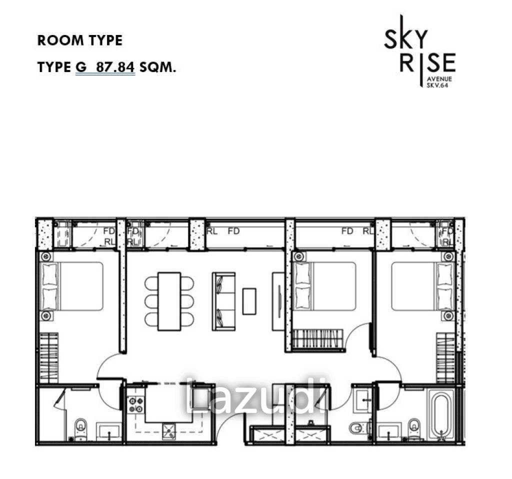 3 Bed 3 Bath 87 SQ.M Skyrise Avenue Sukhumvit 64