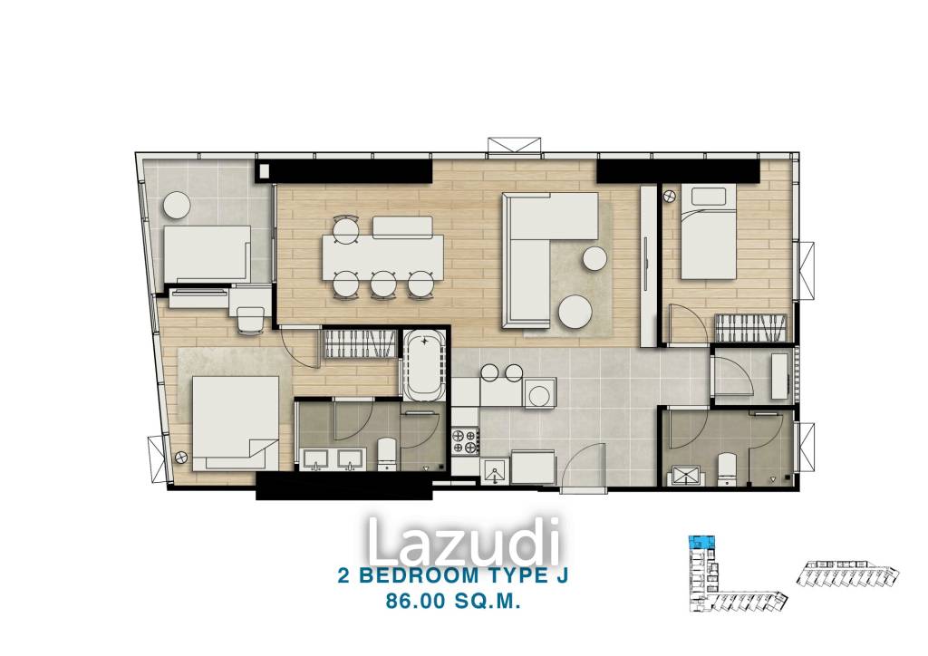 2 Bed 2 Bath 86.05 SQ.M Skypark Lucean Jomtien Pattaya Phase 1