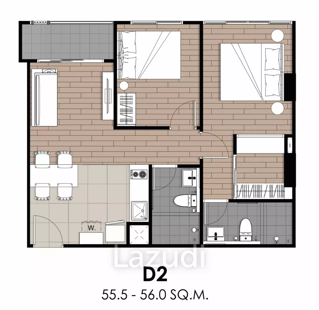 2 Bed 2 Bath 55.59 SQ.M  Niche Mono Rama 9