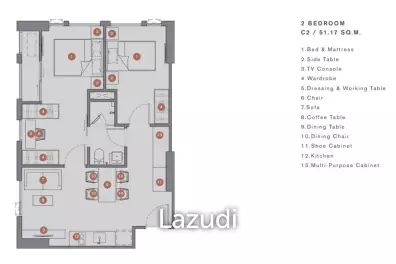 2 Bed 1 Bath 50.74  SQ.M Chapter Chula-Samyan
