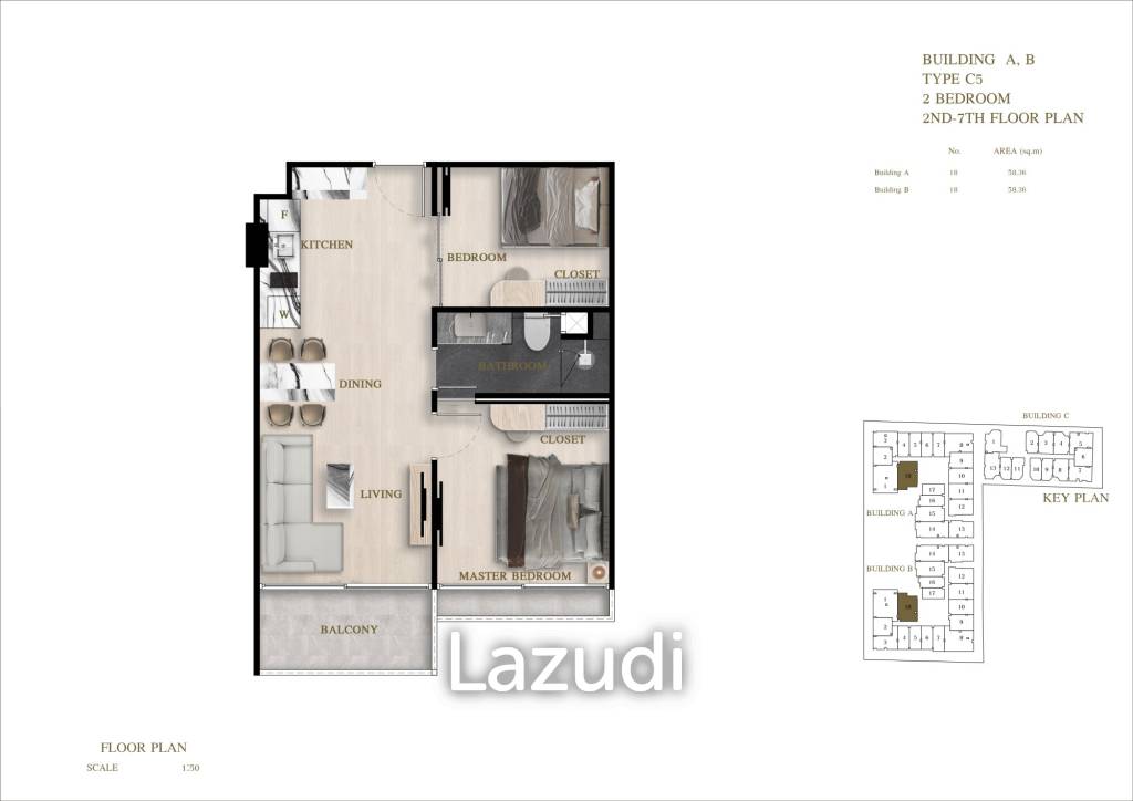 2 Bedroom 1 Bathroom 58.36 SQ.M Siam Oriental Oasis