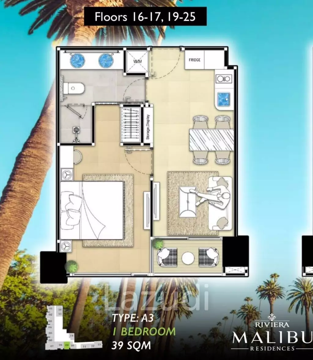 1 Bed 1 Bath 39 SQ.M. The Riviera Malibu and Residence