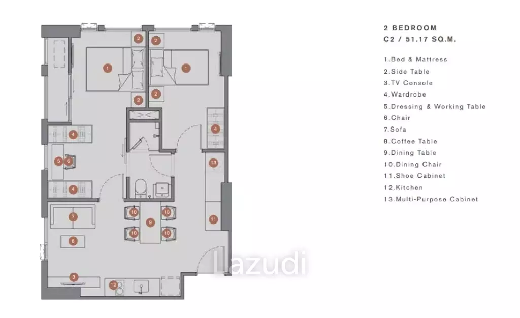 2 Bed 1 Bath 60.40  SQ.M Chapter Chula-Samyan