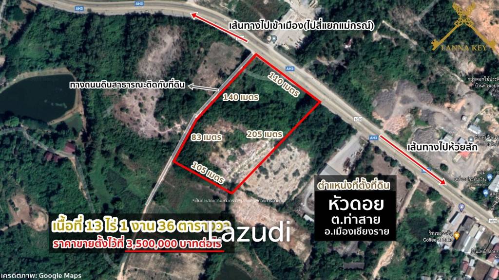 13 Rai Land in Tha Sai for Sale