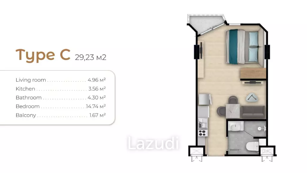 Studio 1 Bath 29.23 SQ.M Aura Condominium
