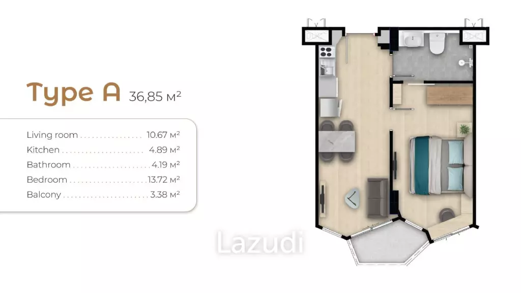 1 Bed 1 Bath 36.85 SQ.M Aura Condominium
