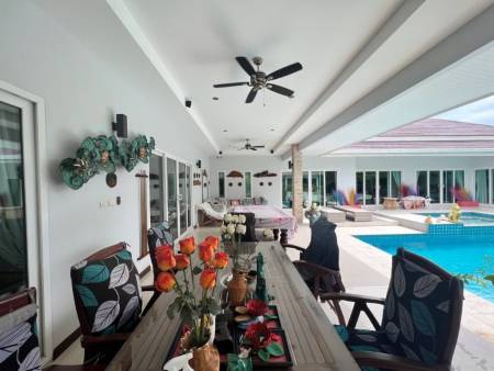 Covered patio dining area next to an outdoor pool