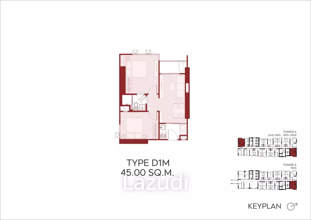 2 Bedroom 1 Bathroom 45 SQ.M Aspire Huai kwang