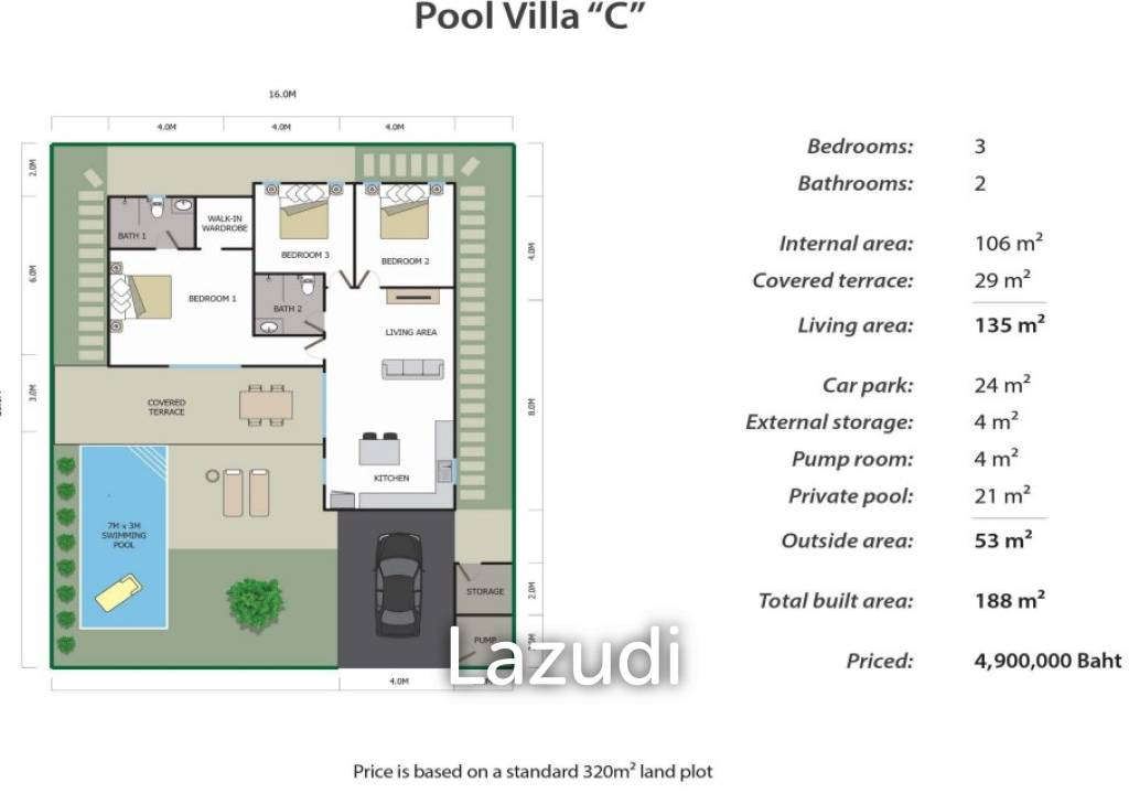 3 bed 2 bath 188 SQ.M Baan Yu Yen Pool Villas Phase 2