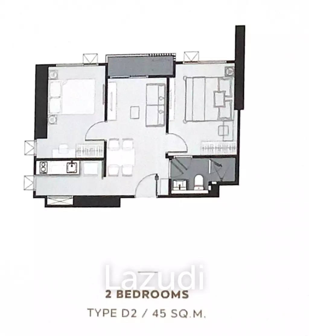 2 Bed 1 Bath 45 SQ.M LIFE Asoke - Rama 9