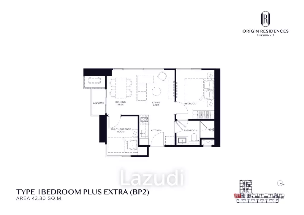 1 BedPlus 43.30 SQM at Origin Residences Sukhumvit