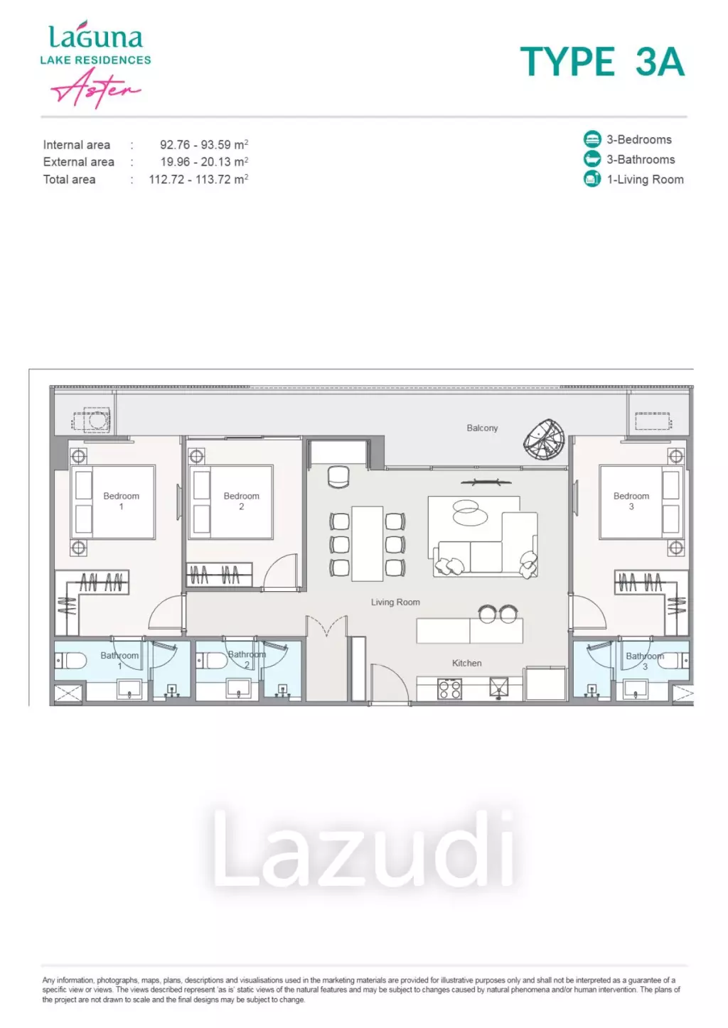 3 Bed 3 Bath 114 SQ.M Laguna Lake Residences Aster