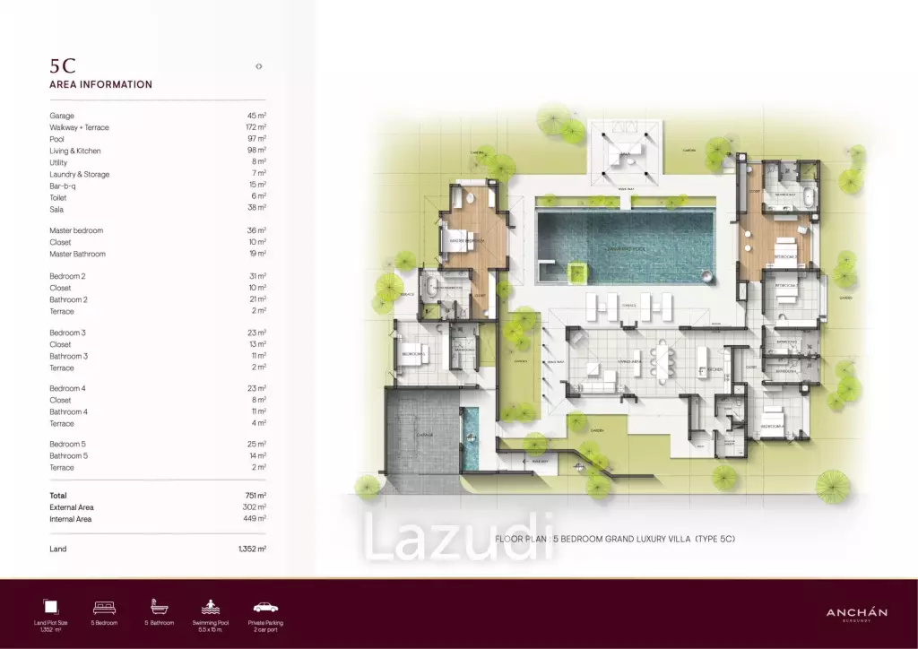 5 Bed 5 Bath 751 SQ.M Anchan Burgundy