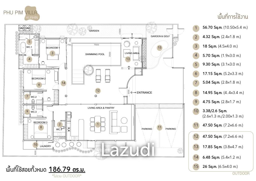 3 Bed 3 Bath 186.79 SQ,M Phu Pim Villa Hua Hin