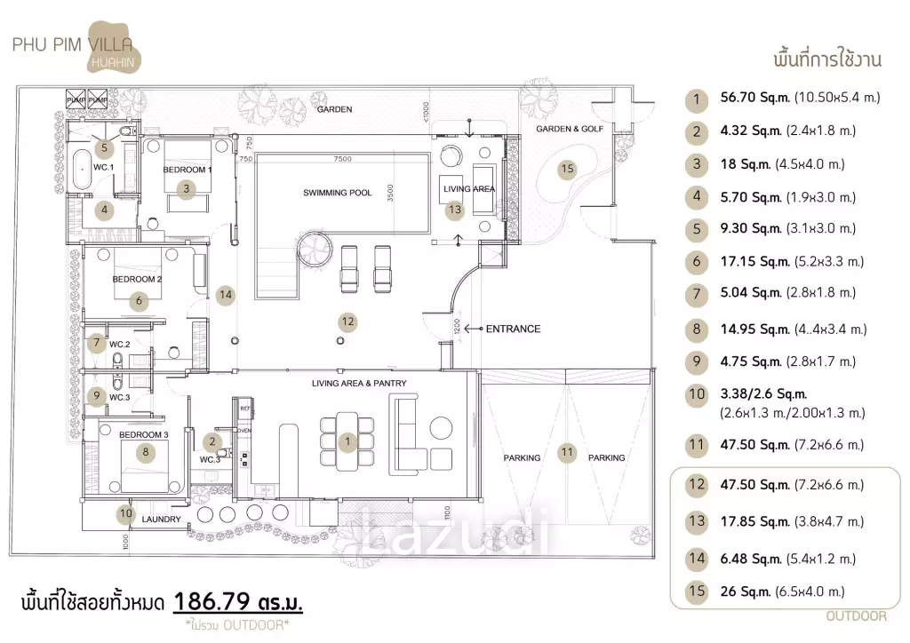 3 Bed 3 Bath 186.79 SQ,M Phu Pim Villa Hua Hin