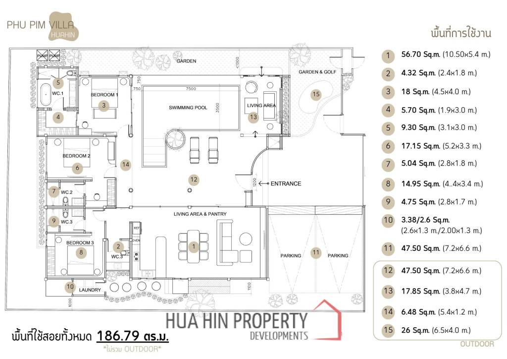 3 Bed 3 Bath 186.79 SQ,M Phu Pim Villa Hua Hin